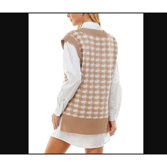Kingston Grey Tunic Sweater Vest sz L Houndstooth Khaki White 90s Y2K Preppy - Picture 3 of 9
